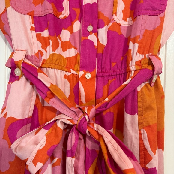 Floral Women Belted Midi Shirt Dress Cap Sleeves Sz S Orange Pink - Picture 8 of 14